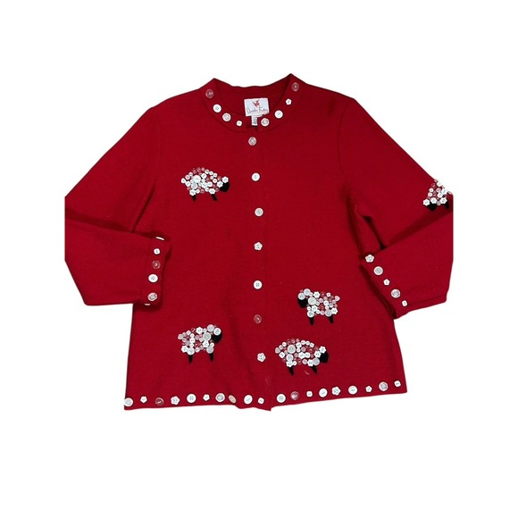 Quacker Factory Red Wool Cardigan Adorned With Buttons And Sheep Sz L - Picture 1 of 8